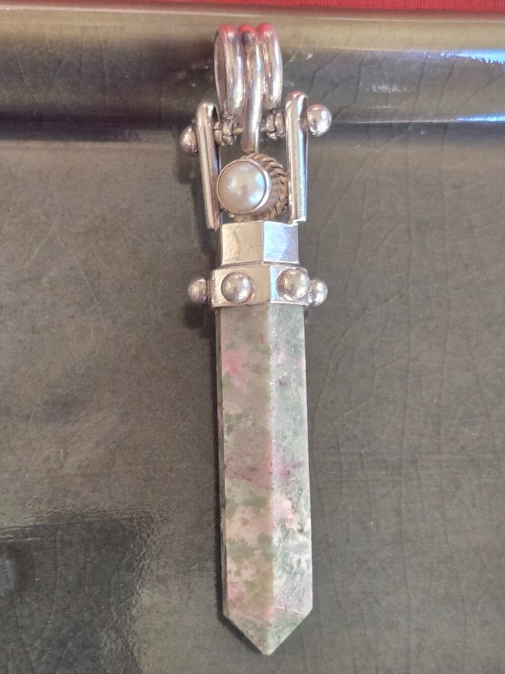 925 Sterling Silver Unakite Crystal Point Pendant with Pearl Accent
